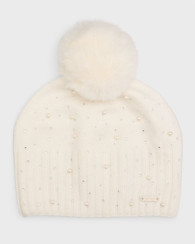 Girl's Pearl And Rhinestone Pompom Beanie